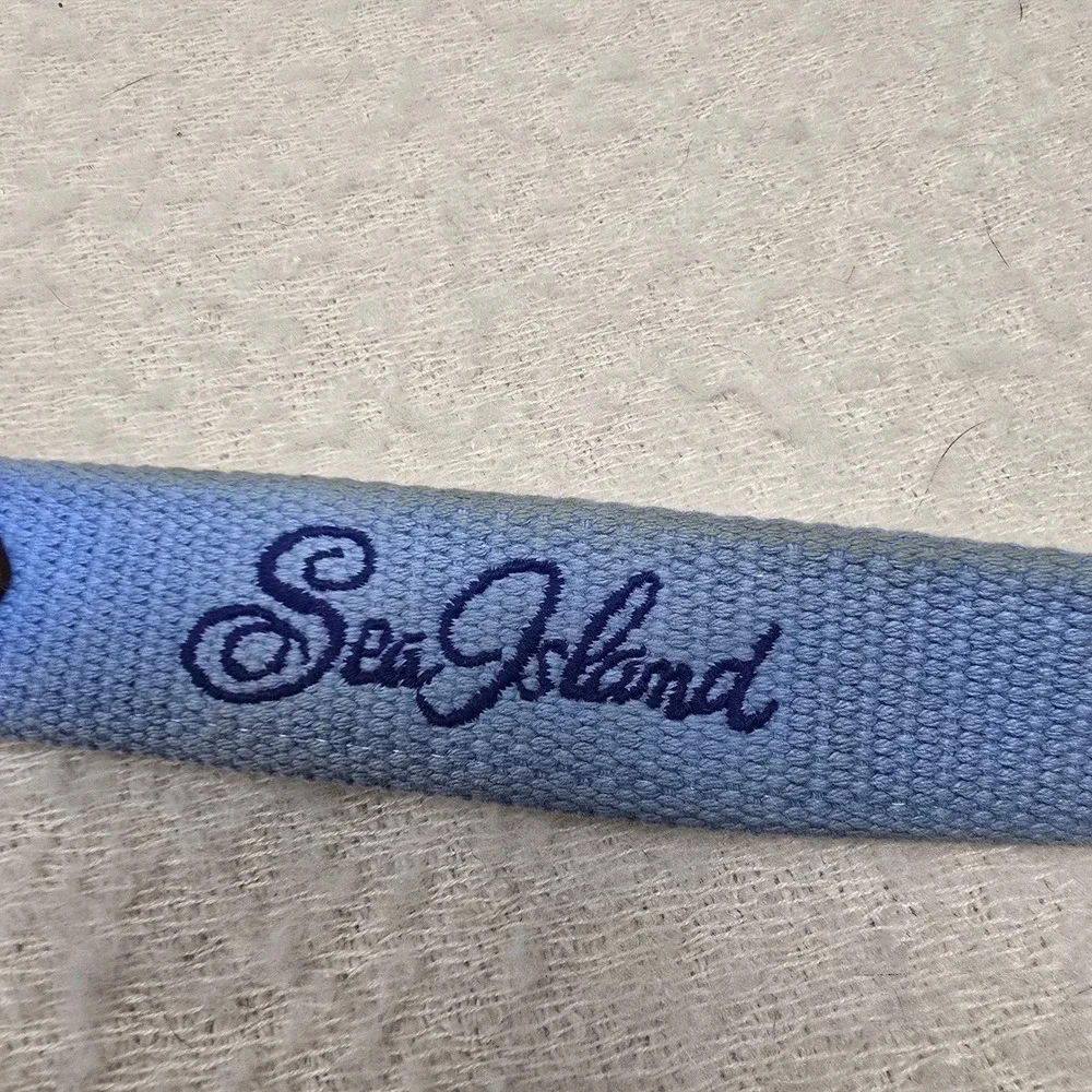 Sea island Peter Millar Golf Belt Men 38 Blue Brown Leather Canvas USA Made